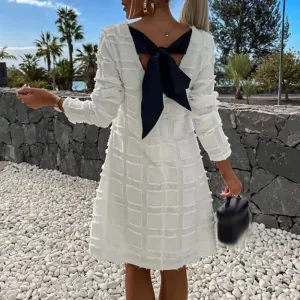 2024 Luxury Big Bow Slim Patchwork Mini Dress O-neck Elegant Elegant Dress