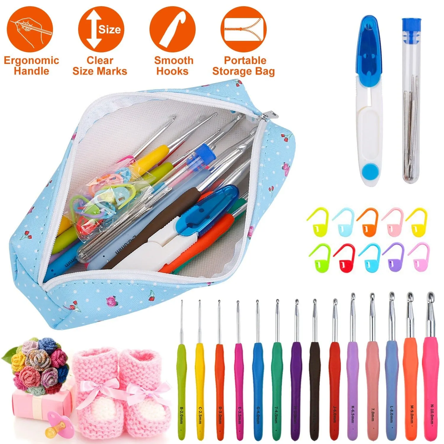 34-Piece Set: Aluminum Handle Crochet Hook Needles Knitting Tool