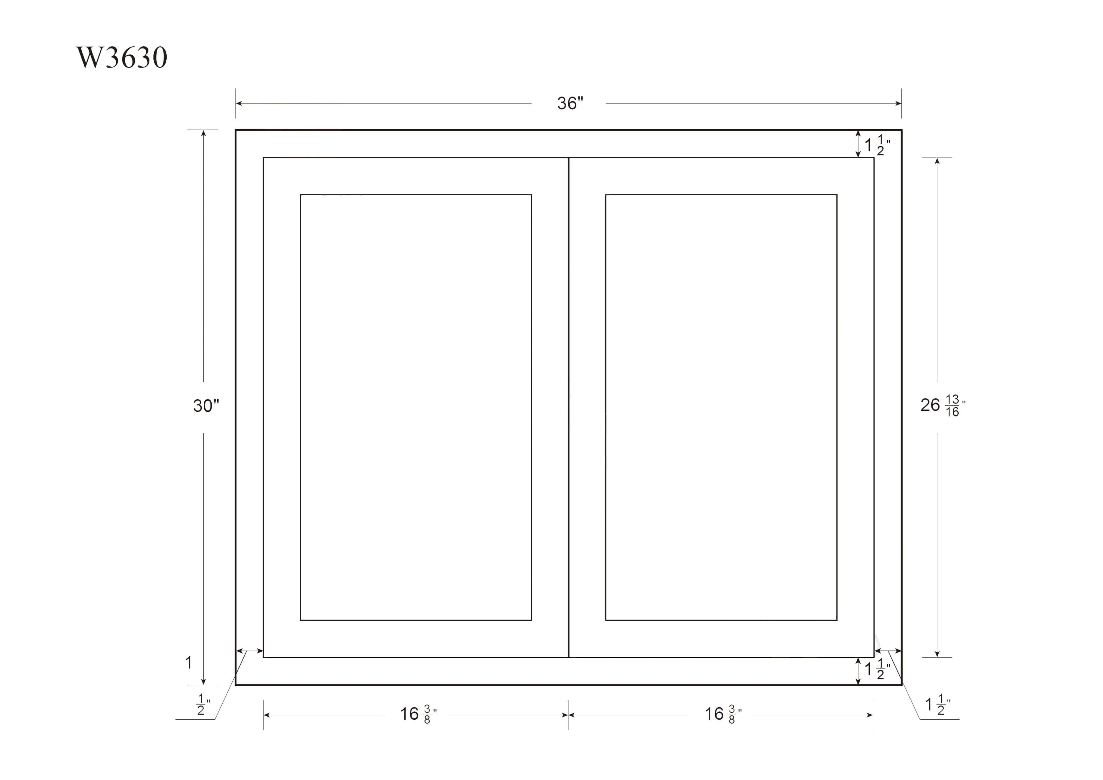 36" Tall Elegant Oak Craftsman Shaker 1-1/4" Overlay Wall Cabinet - Double Door 24", 27", 30", 33" & 36"