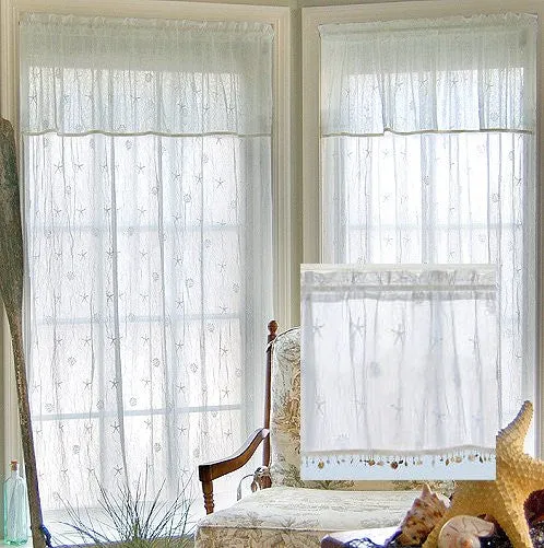 Beach Cottage Shell Trim Sheer Curtain Panels