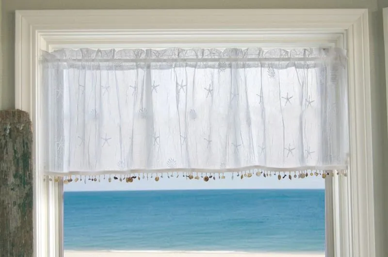 Beach Cottage Shell Trim Sheer Curtain Panels