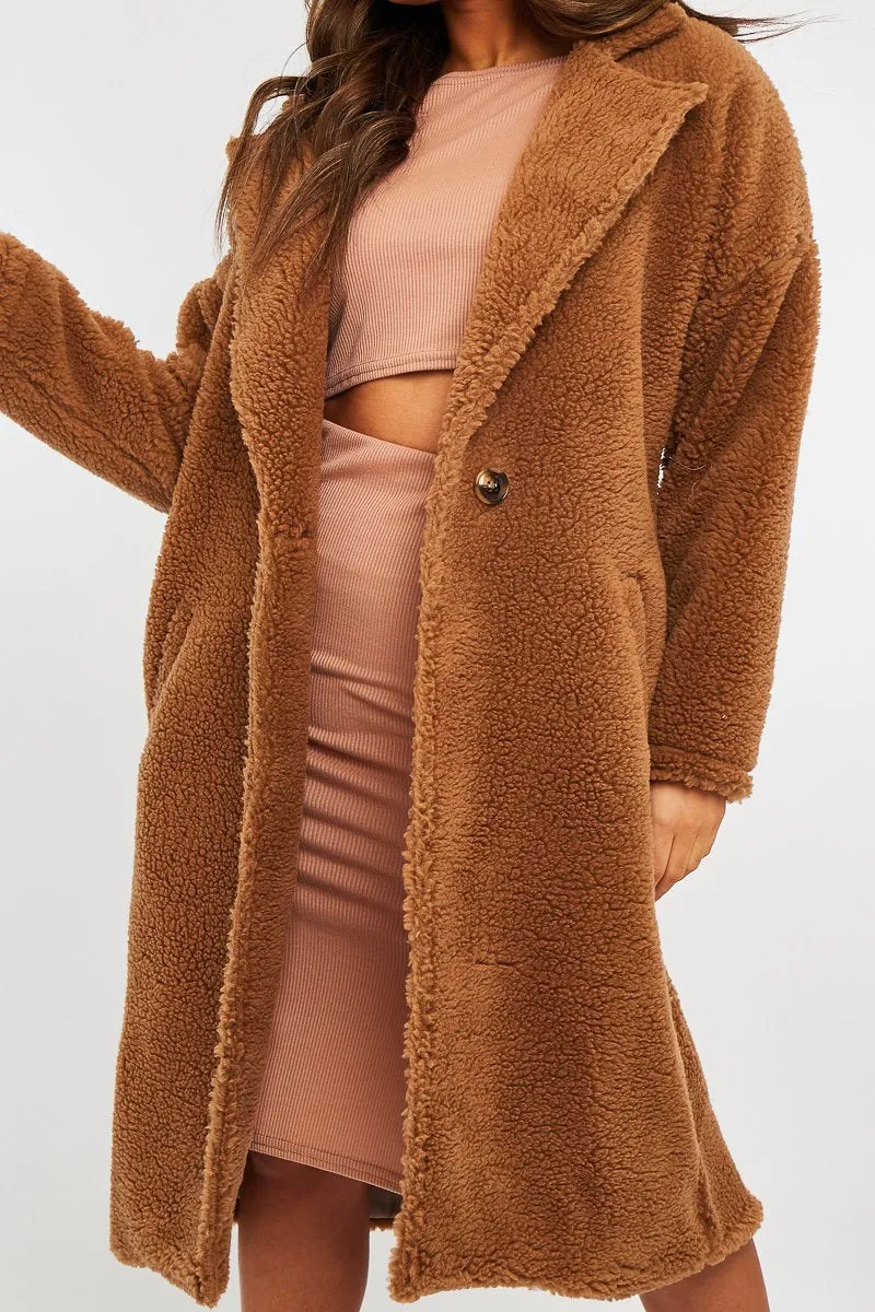 Brown Borg Teddy Midi Coat - Leata