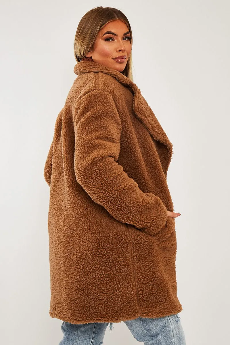 Brown Double Breasted Button Front Teddy Coat - Maizee