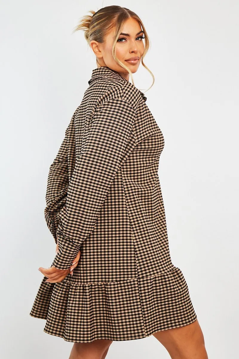 Camel Gingham Frill Hem Mini Shirt Dress - Iyla