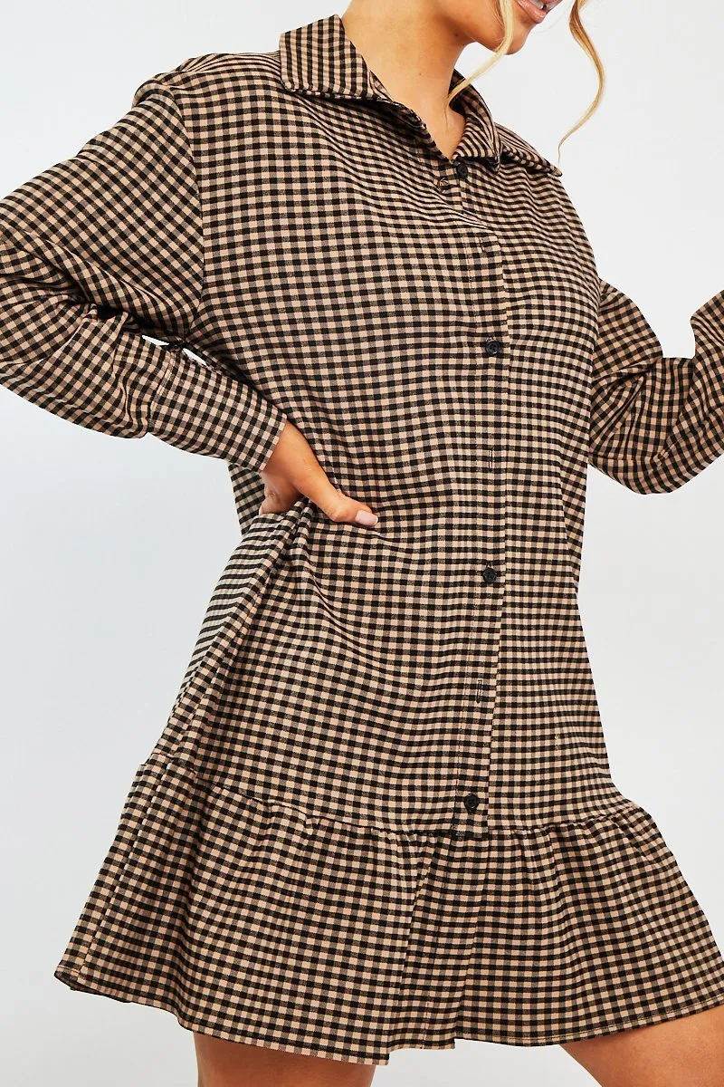 Camel Gingham Frill Hem Mini Shirt Dress - Iyla