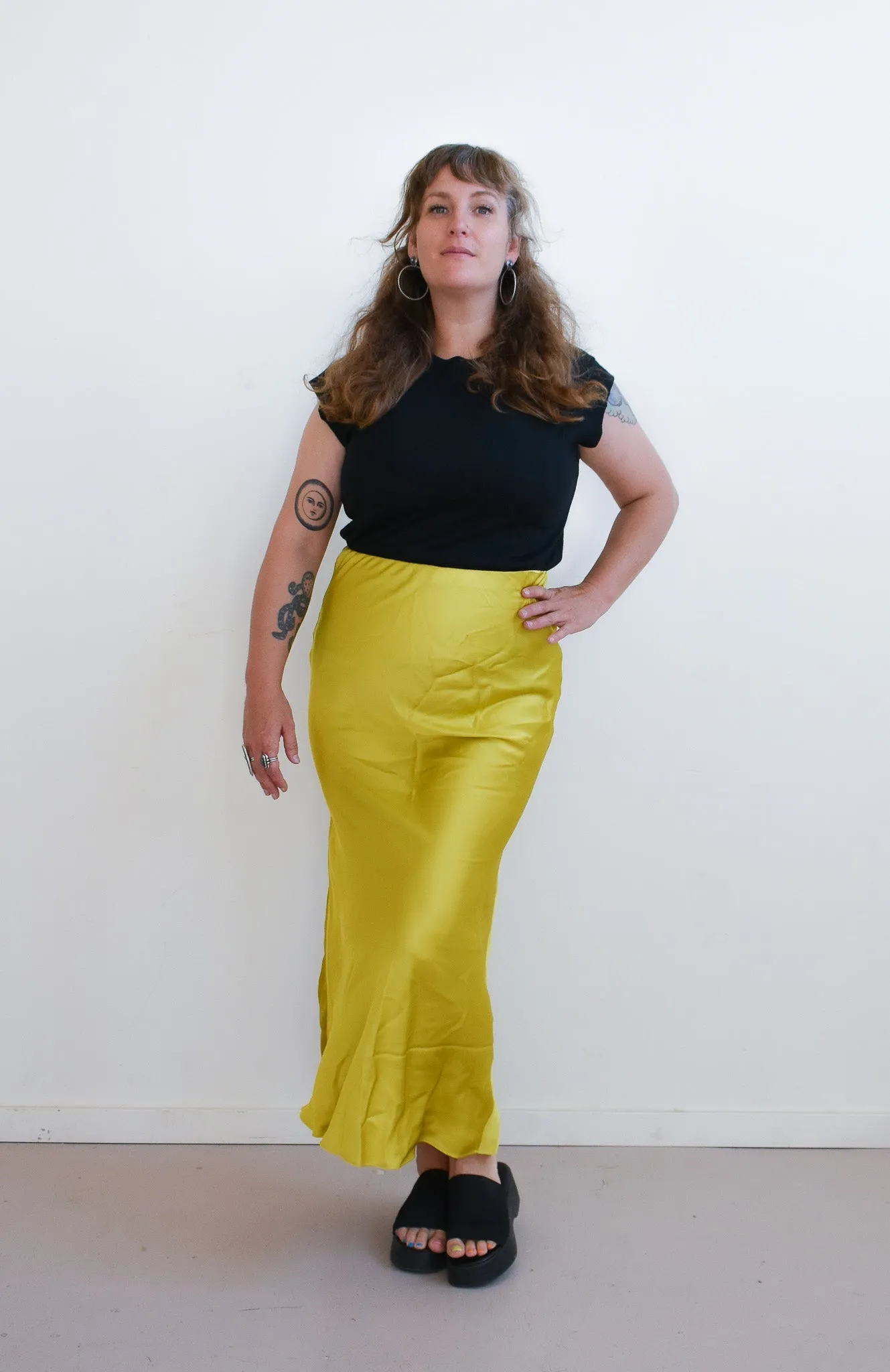 Chartreuse Sateen Bias-Cut Midi-Skirt