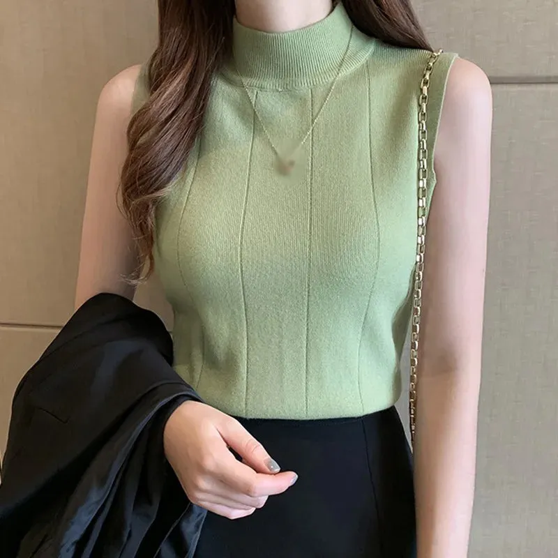 Chic Half Turtleneck Sleeveless Crop Top (Stylish Summer Knit)