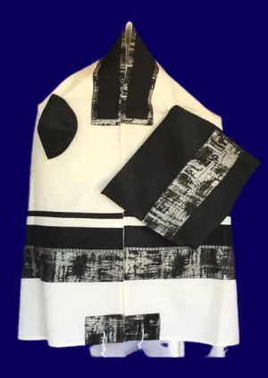 Elegant Black and Silver Cotton Tallit with Kotel Design