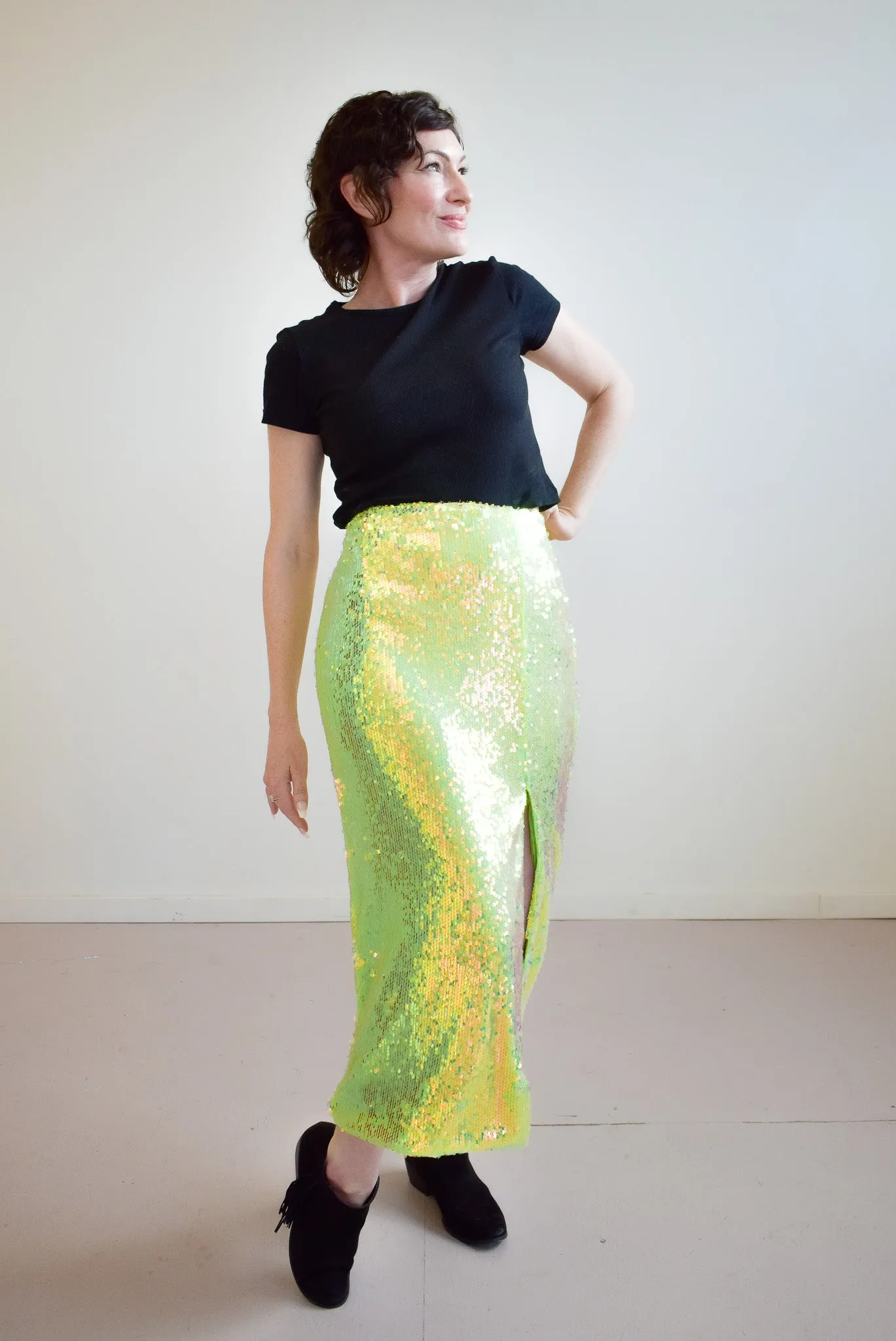 Glamorous Iridescent Line Sequin Midi Pencil Skirt With Side Split