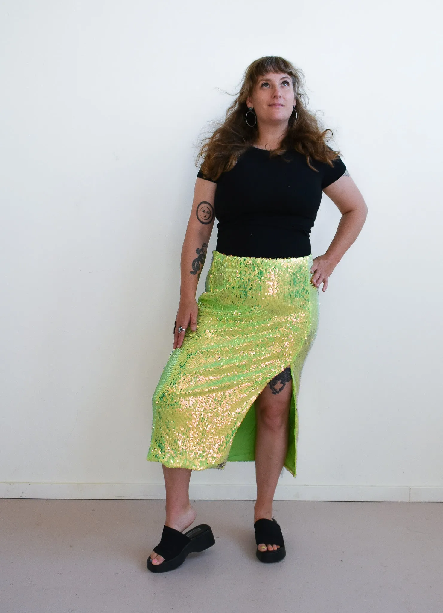 Glamorous Iridescent Line Sequin Midi Pencil Skirt With Side Split