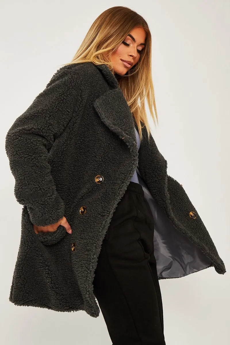 Grey Double Breasted Button Front Teddy Coat - Maizee