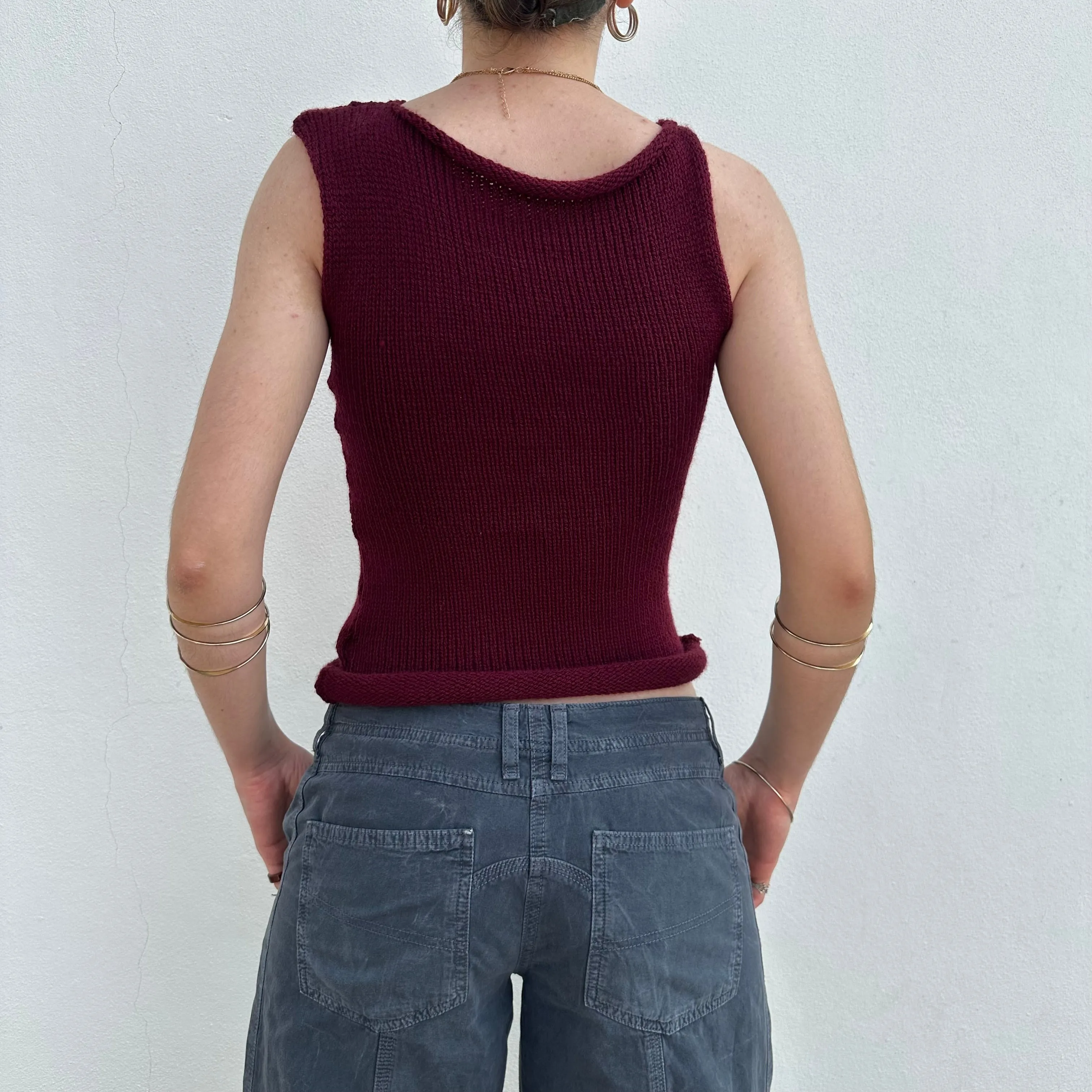 Handmade burgundy off the shoulder knit vest