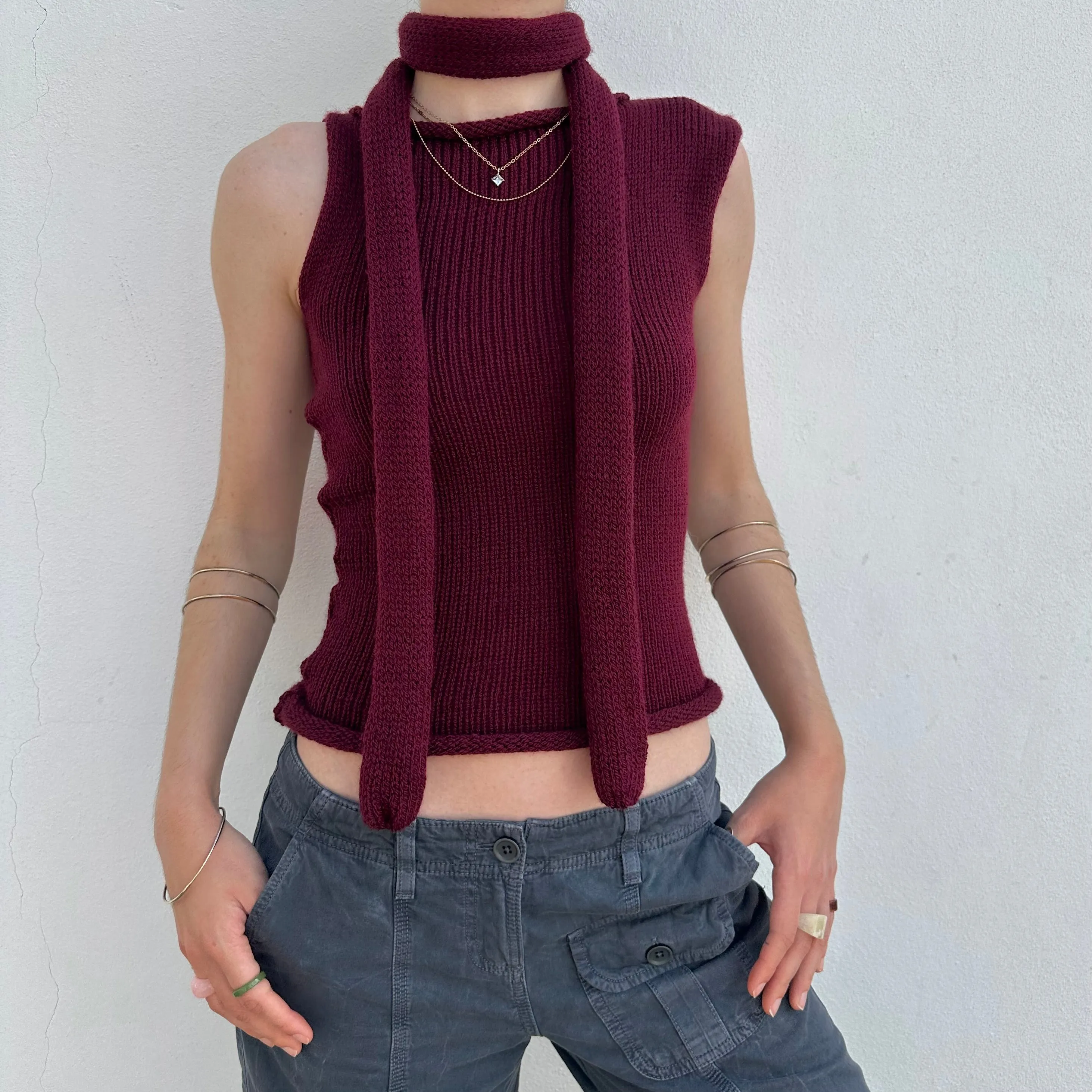 Handmade burgundy off the shoulder knit vest