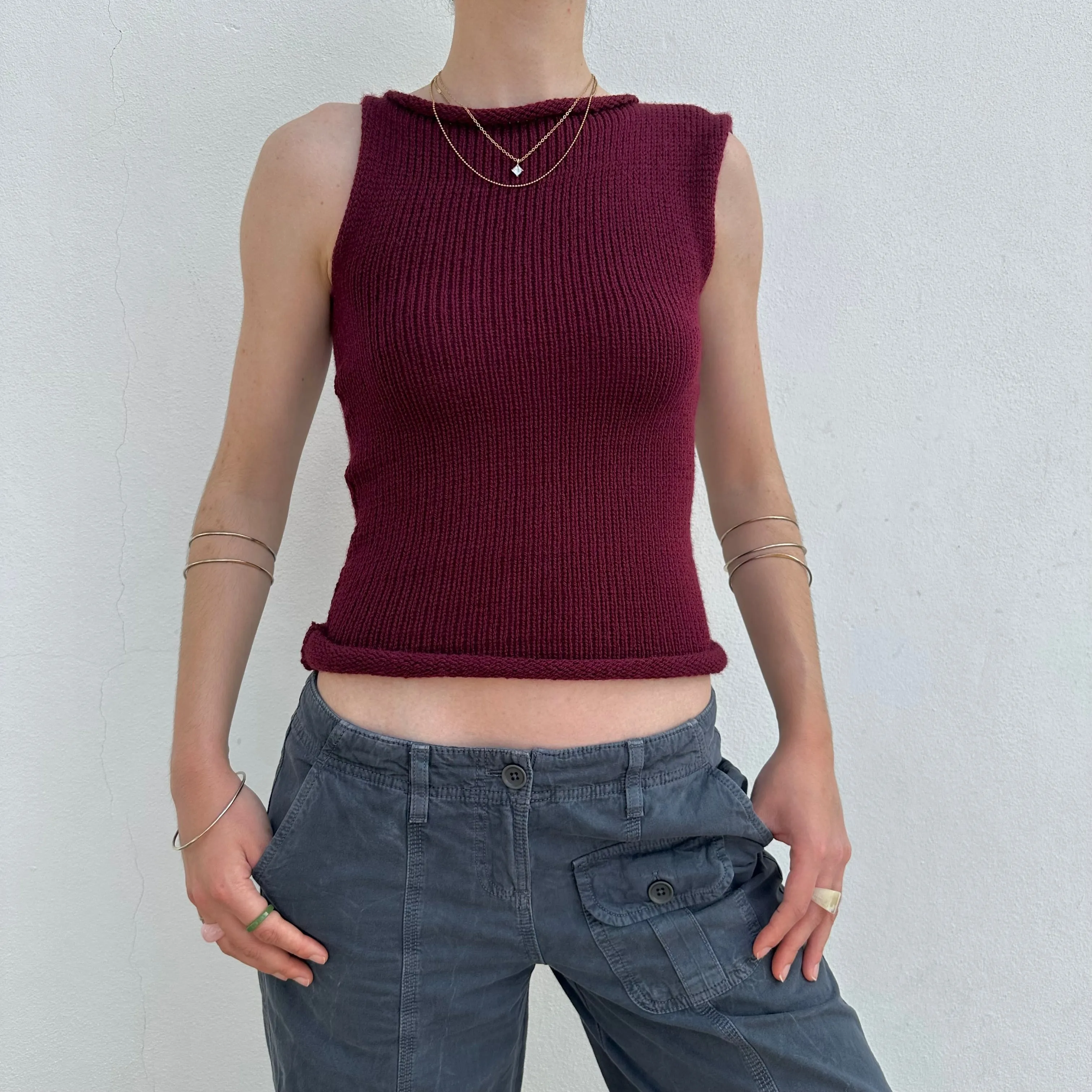 Handmade burgundy off the shoulder knit vest