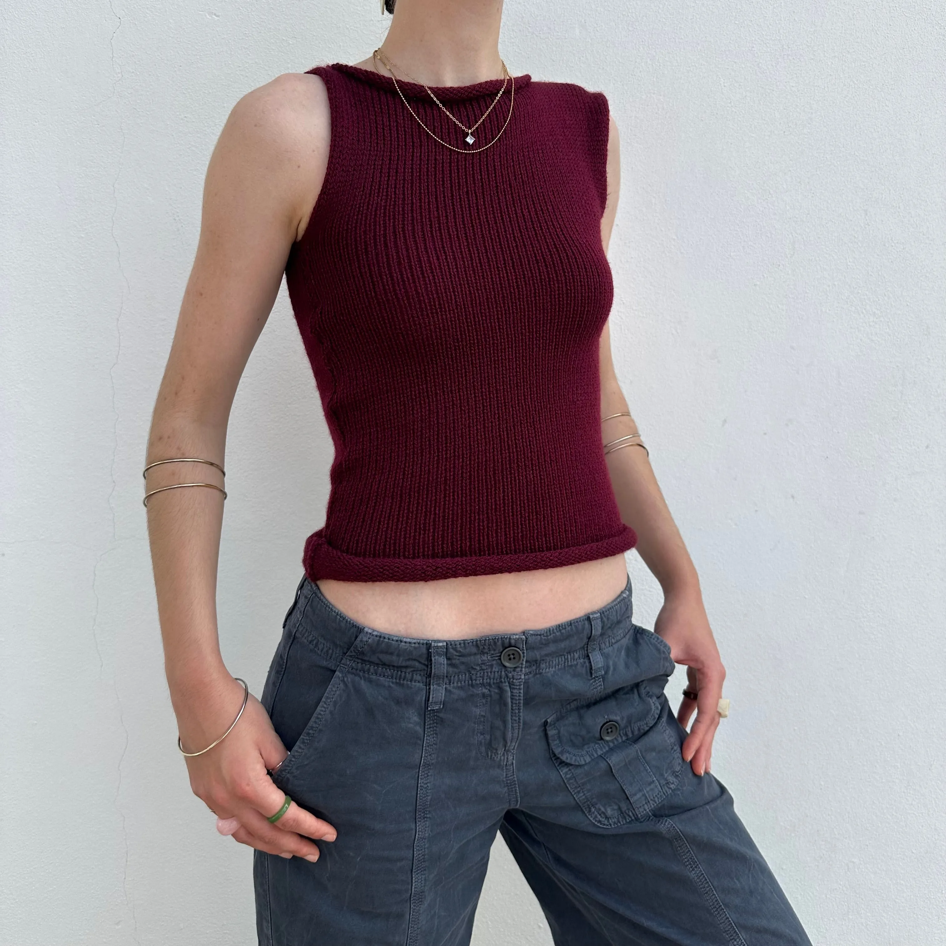 Handmade burgundy off the shoulder knit vest