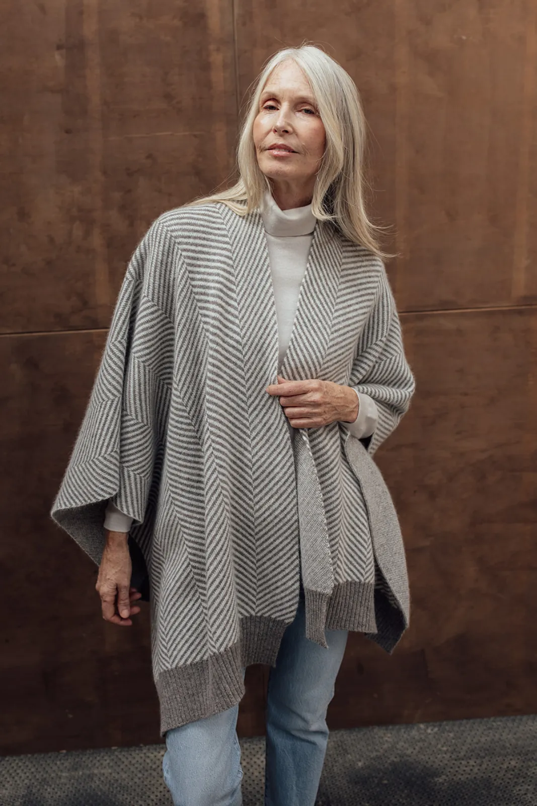 Herringbone Merino Angora Poncho - Mocha