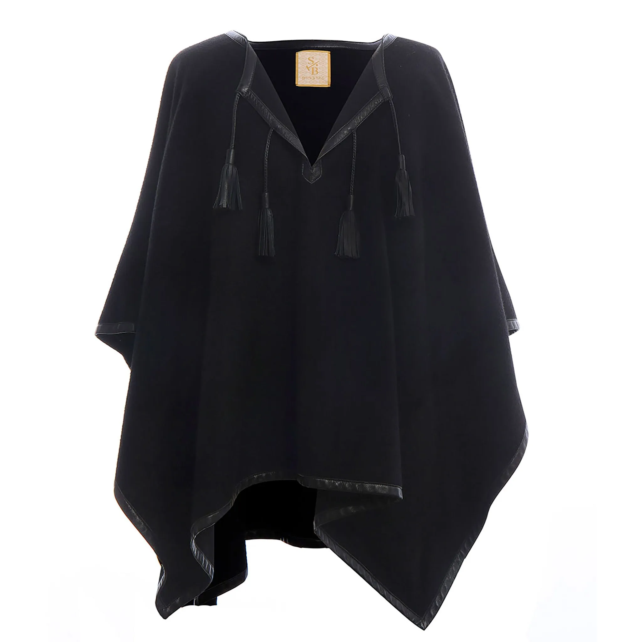 Leather Trim Tassel Alpaca Poncho