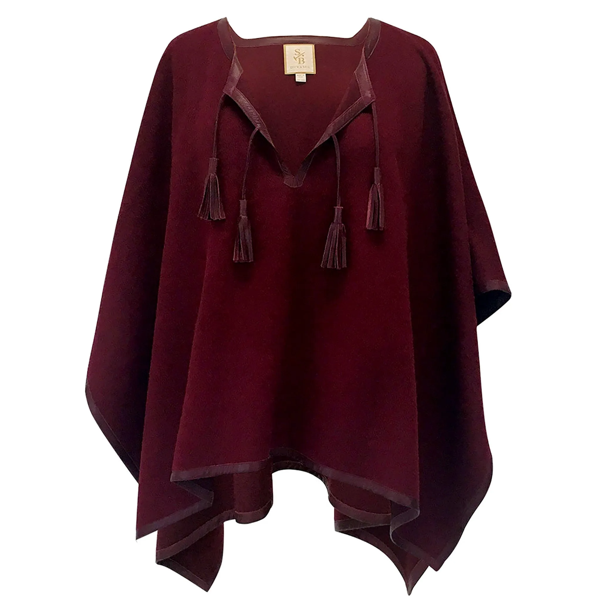 Leather Trim Tassel Alpaca Poncho