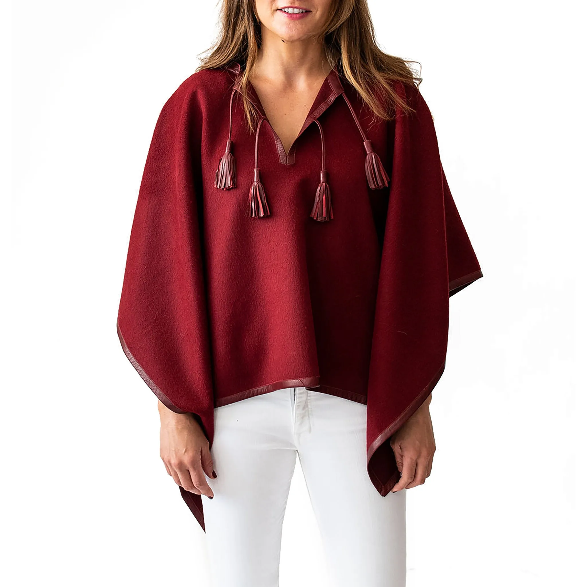 Leather Trim Tassel Alpaca Poncho