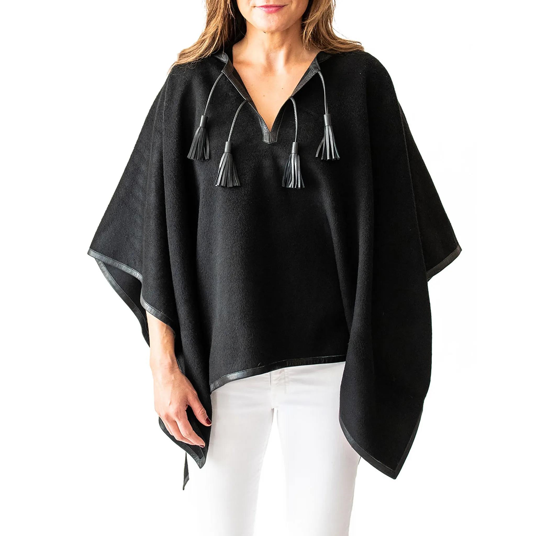 Leather Trim Tassel Alpaca Poncho