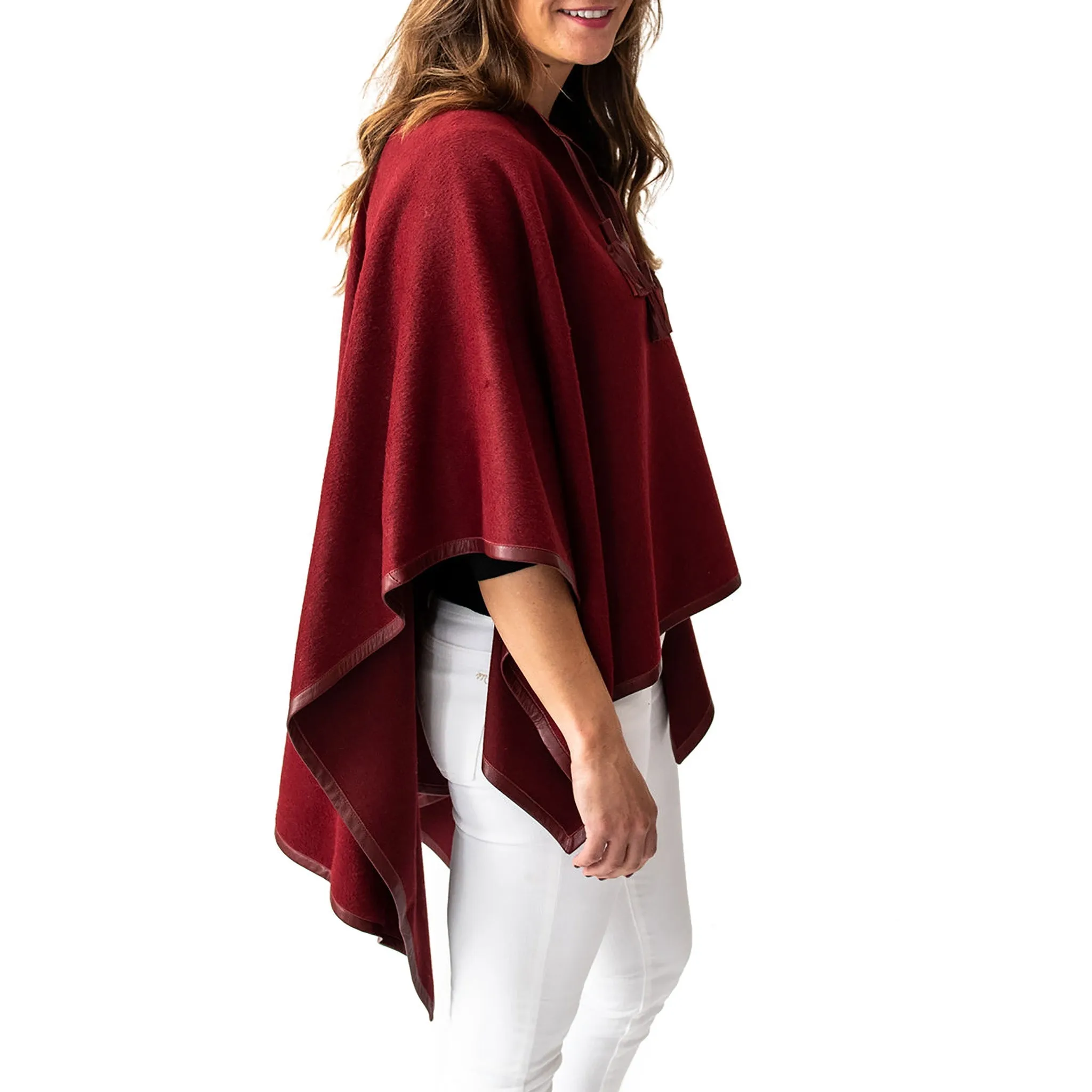 Leather Trim Tassel Alpaca Poncho