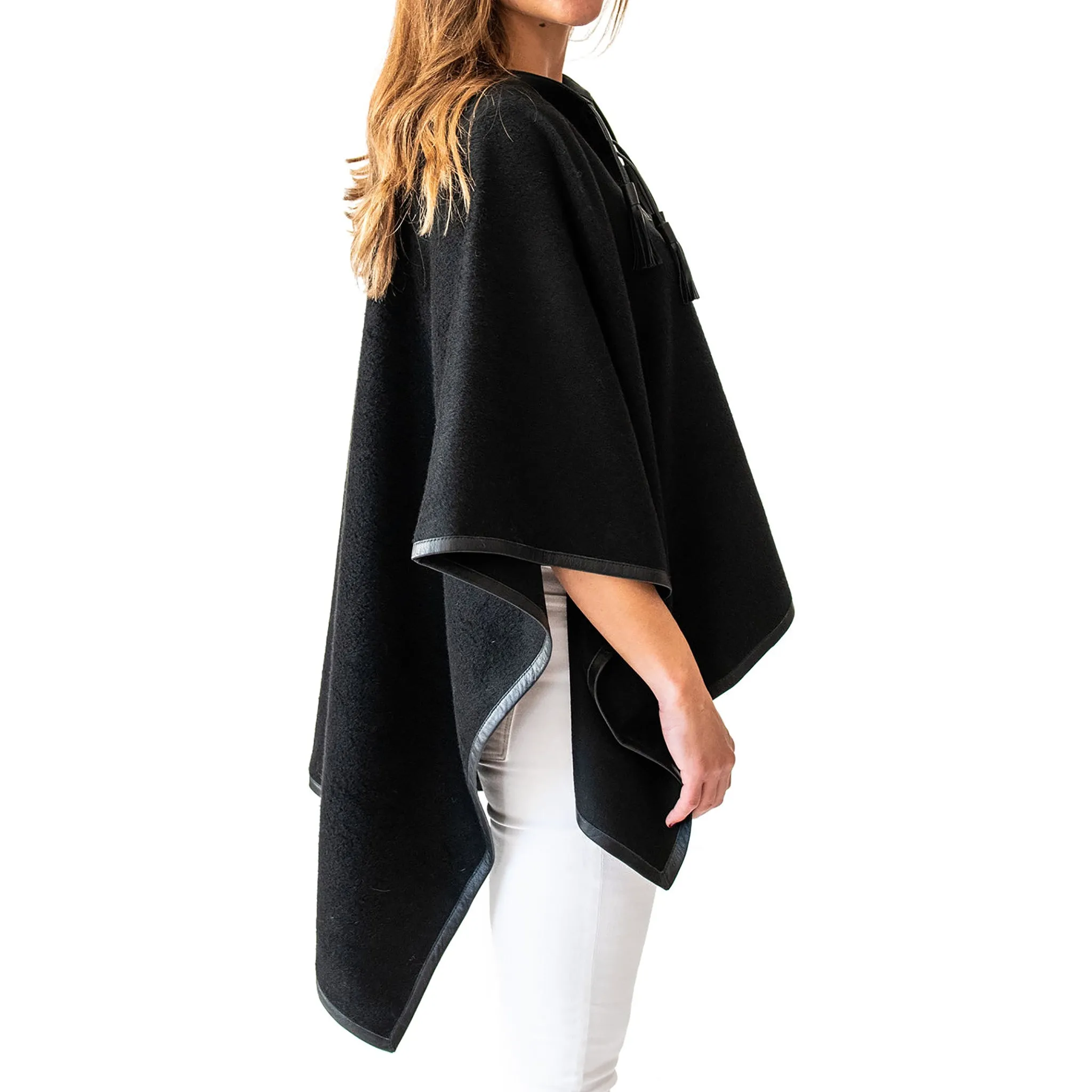 Leather Trim Tassel Alpaca Poncho