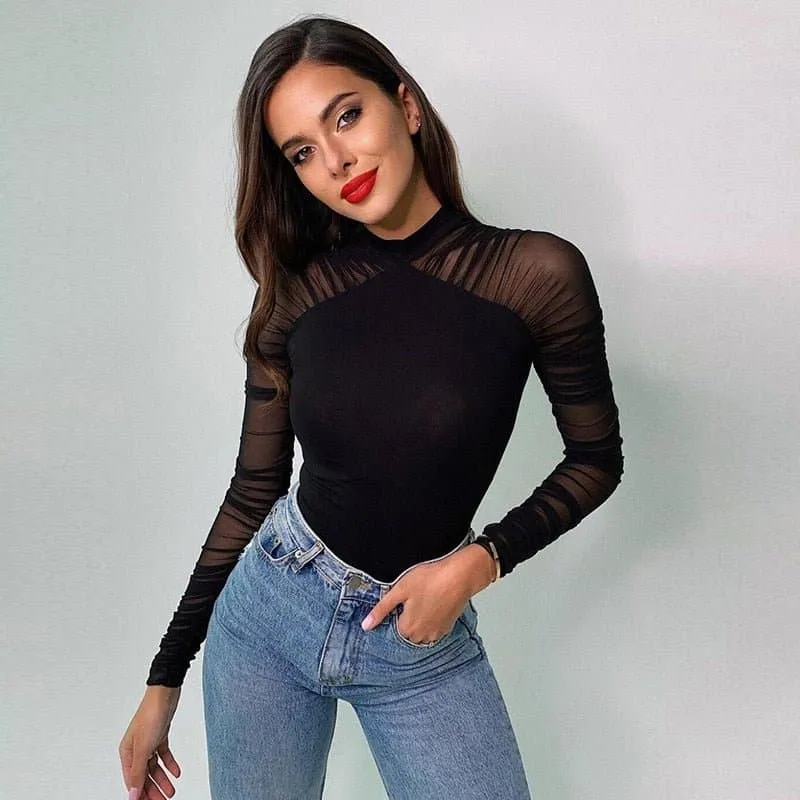 Long Mesh Sleeve Turtleneck Bodysuit