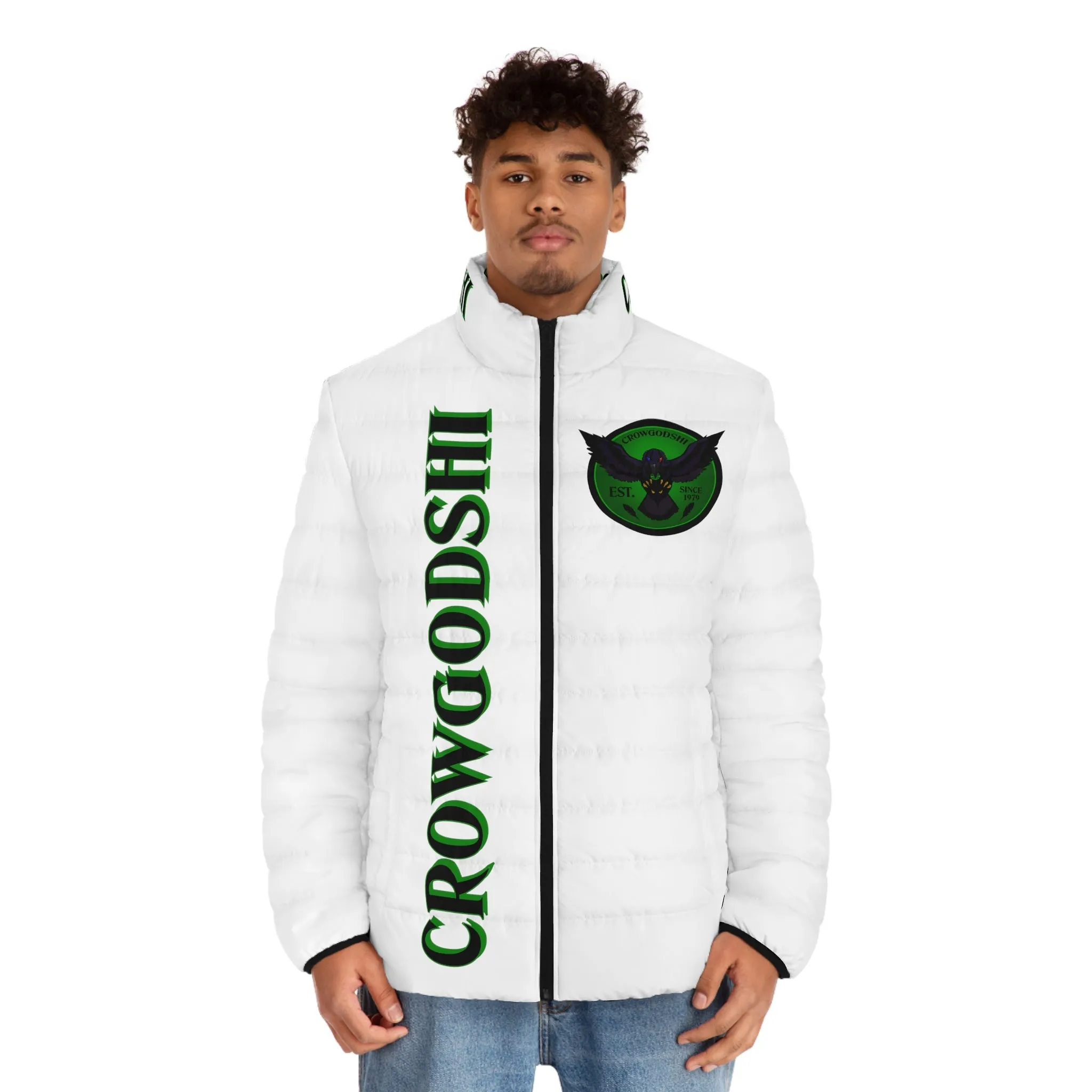 Men's CROWGODSHI 2nd GEN Puffer Jacket, WHITE W/ GREEN LOGO