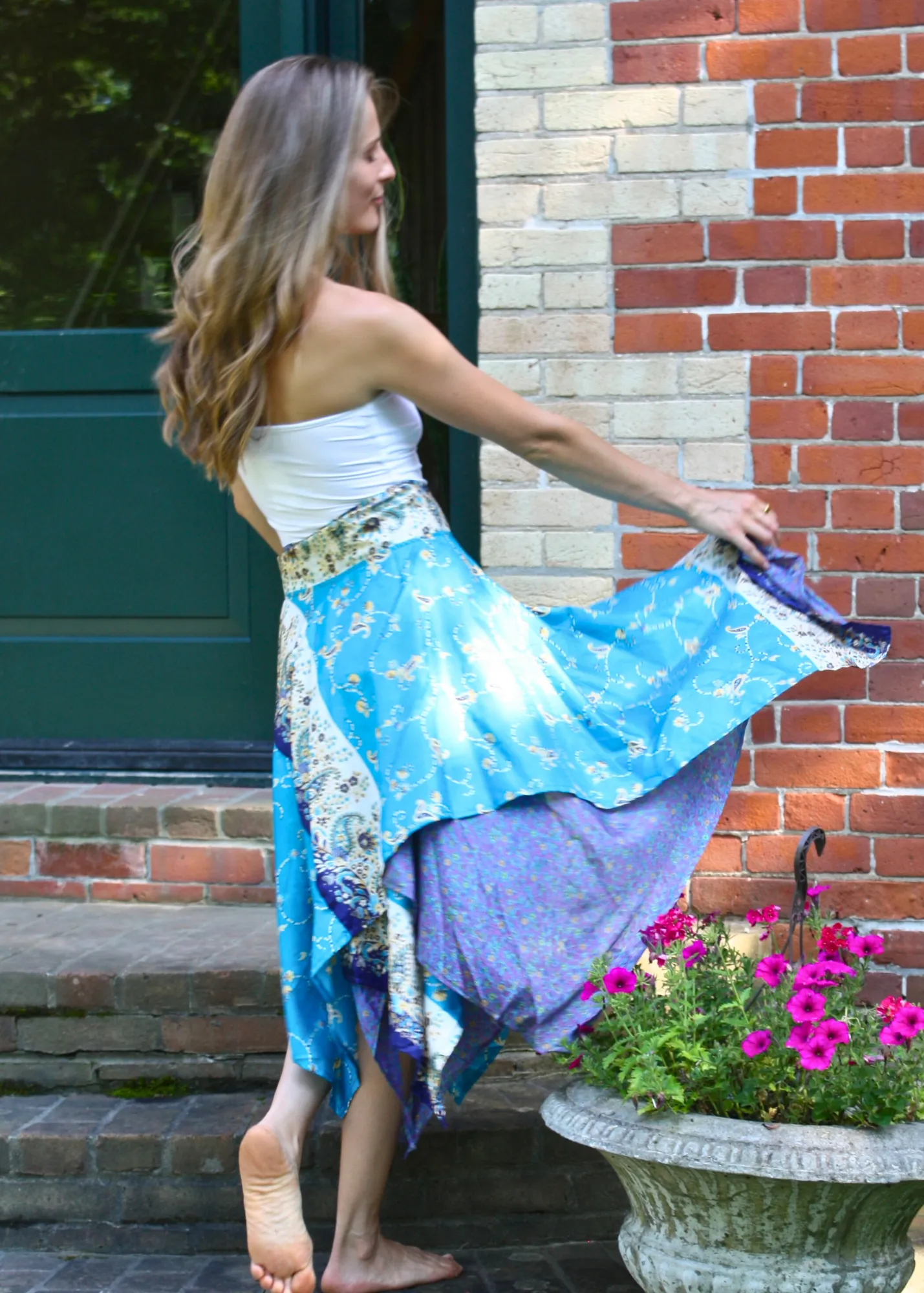 Midi Diamond Multi Wear Reversible Skirt - Blue Flower Mix