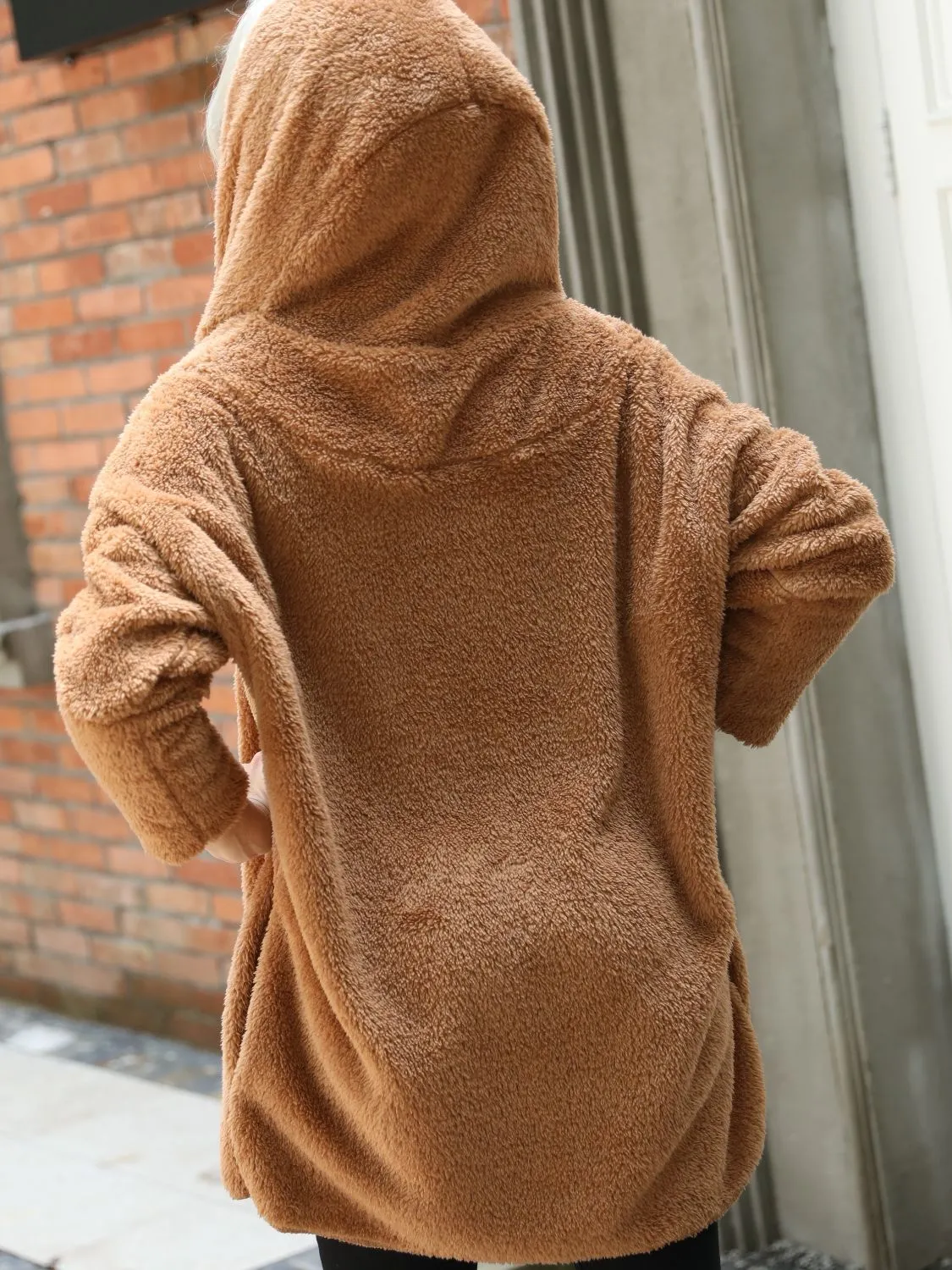 Open Front Hooded Teddy Coat