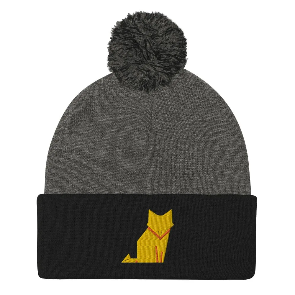 “Origami Cat” Pom-Pom Beanie (Winter Hat)