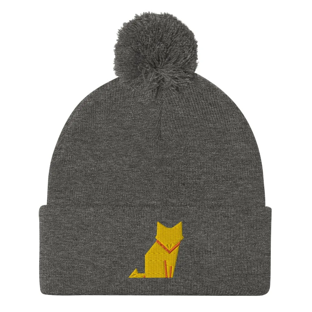 “Origami Cat” Pom-Pom Beanie (Winter Hat)