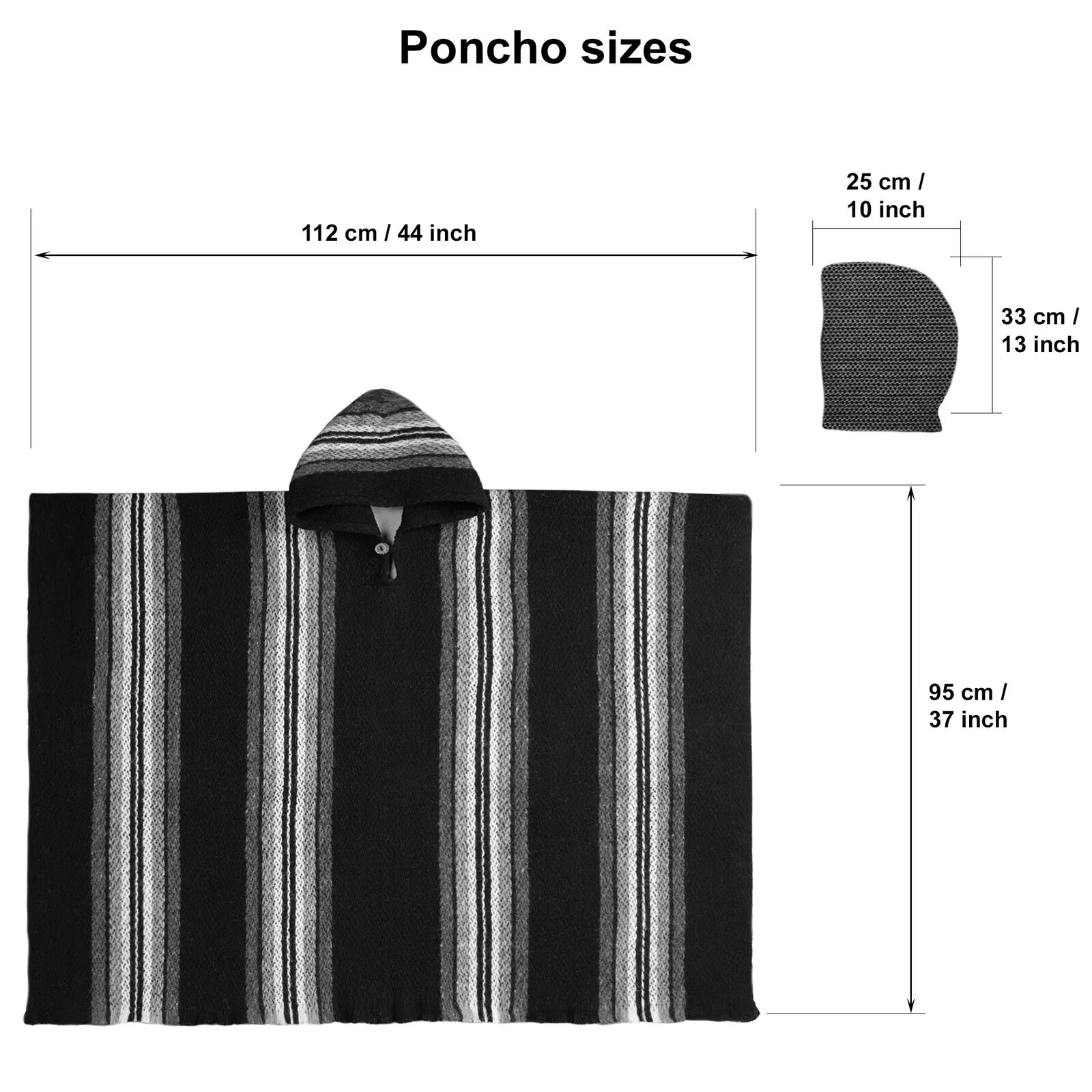 Parasa - Llama Wool Unisex South American Handwoven Hooded Poncho - black striped pattern