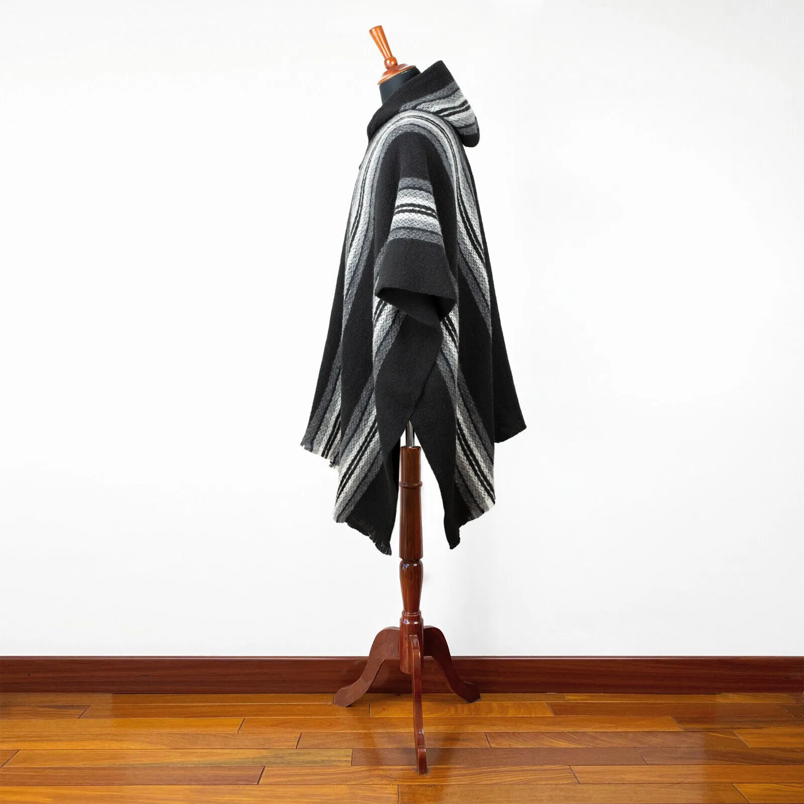 Parasa - Llama Wool Unisex South American Handwoven Hooded Poncho - black striped pattern