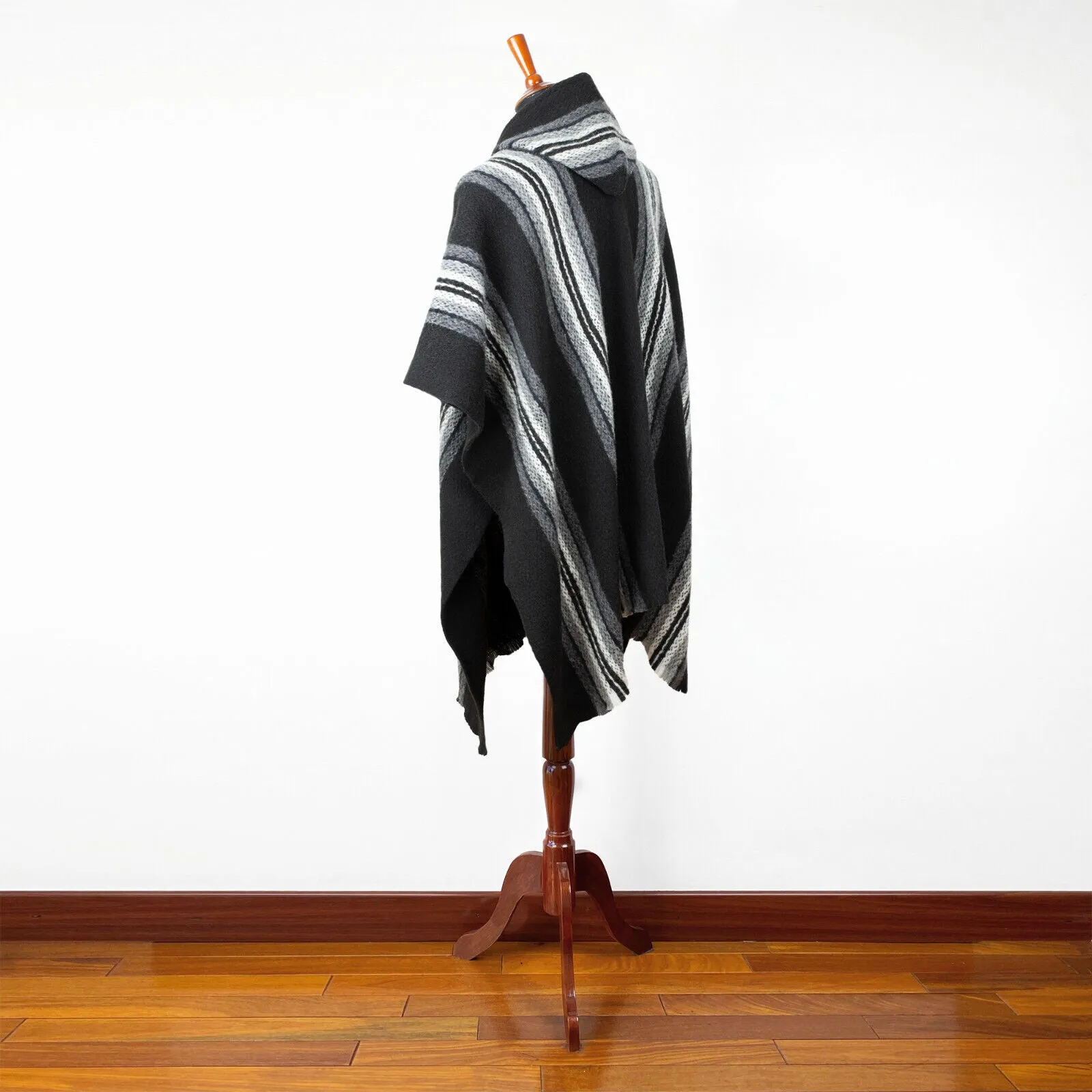 Parasa - Llama Wool Unisex South American Handwoven Hooded Poncho - black striped pattern