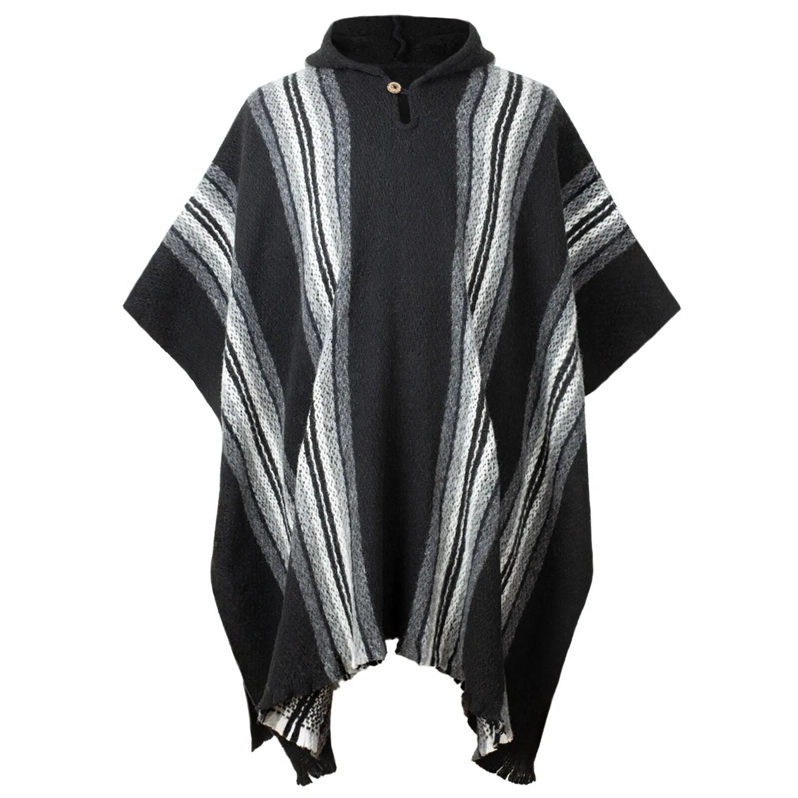 Parasa - Llama Wool Unisex South American Handwoven Hooded Poncho - black striped pattern