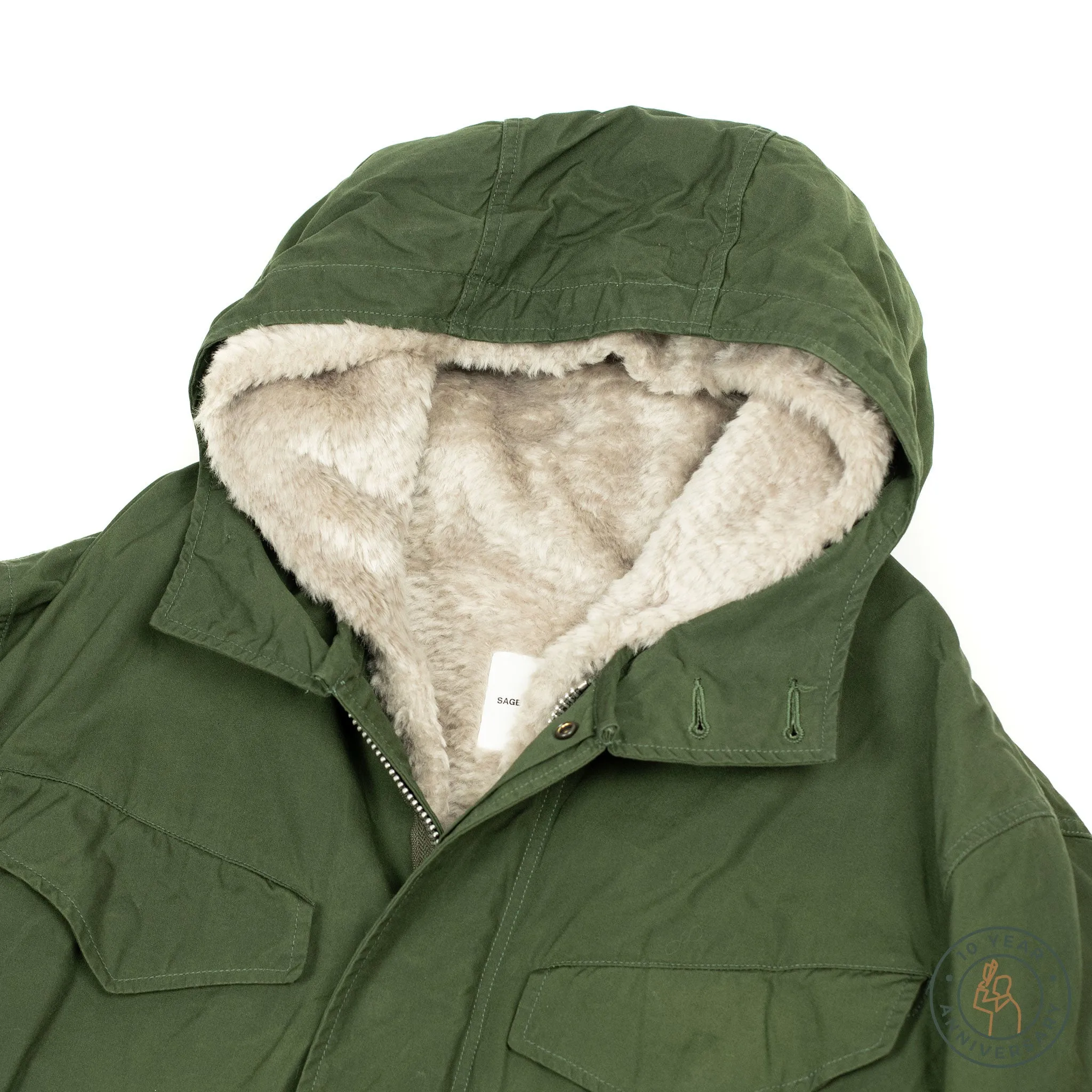 Parka in olive waxed cotton with removable faux-fur lining (10th anniversary capsule)