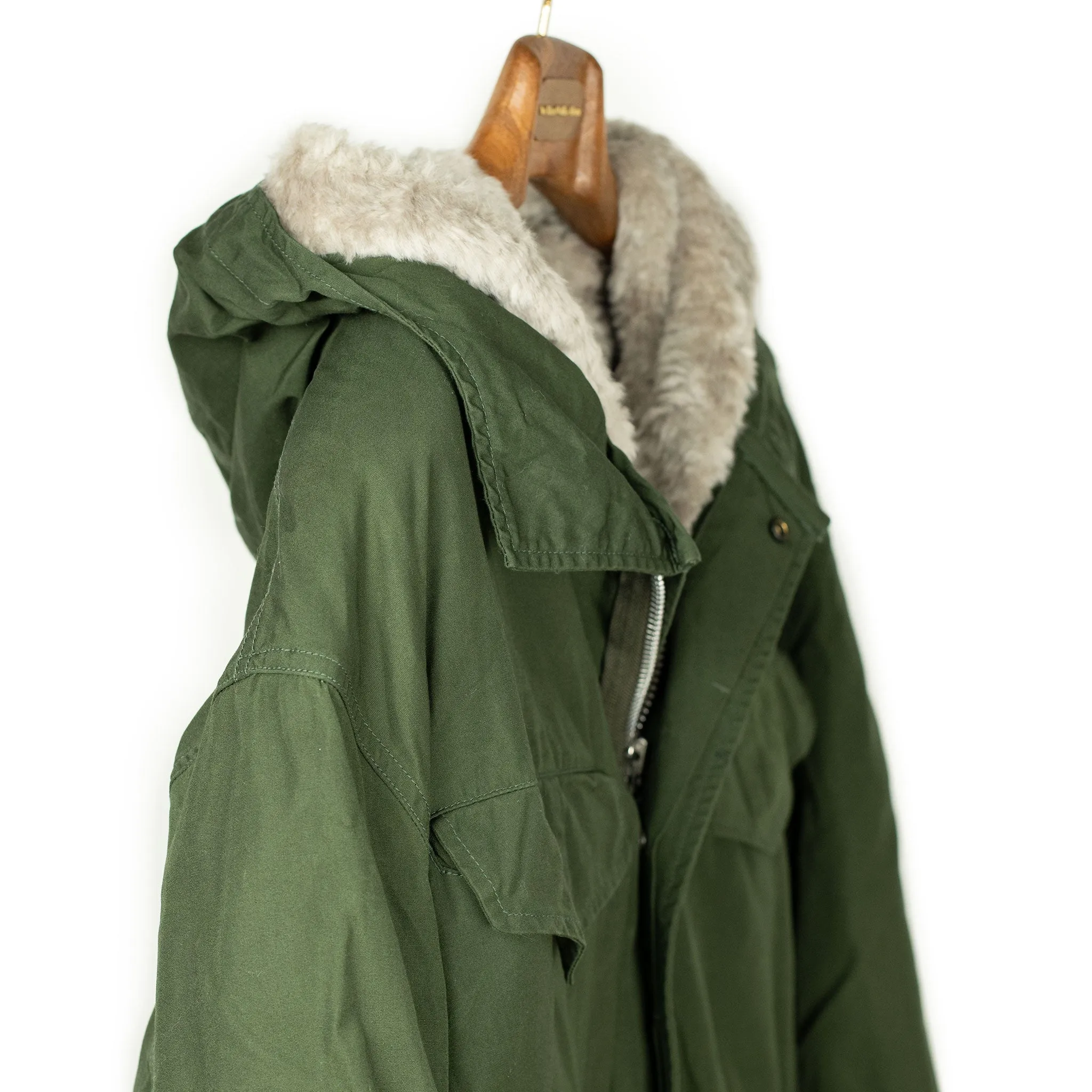 Parka in olive waxed cotton with removable faux-fur lining (10th anniversary capsule)