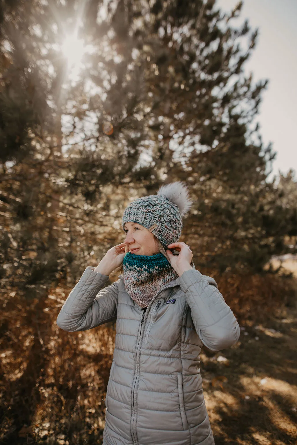 Pearl Gray, Blue, and Teal Merino Wool Fair Isle Hand Knit Cowl