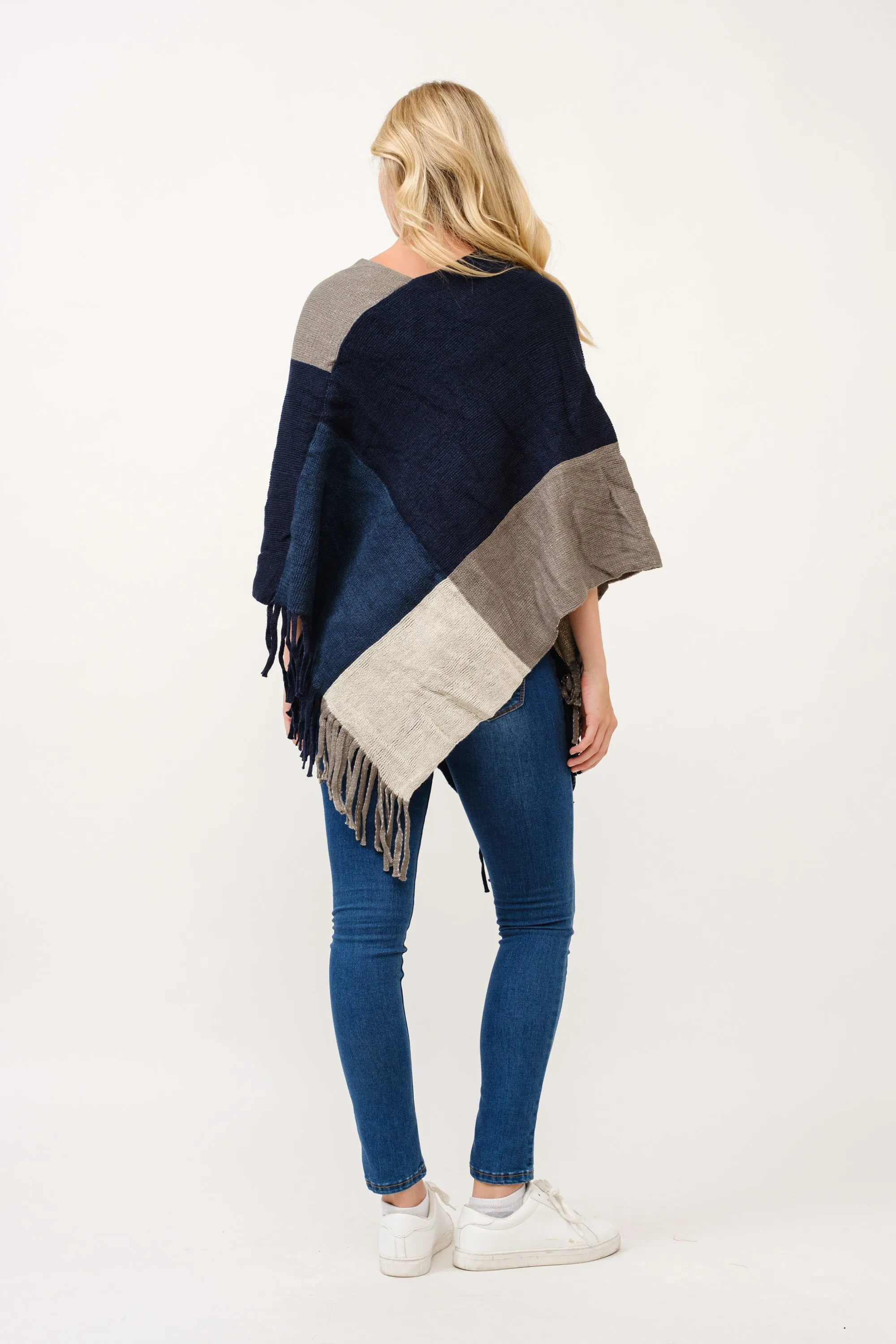 RAJ STACEY KNIT COLORBLOCK BOTTOM TASSELS PONCHO CAPE