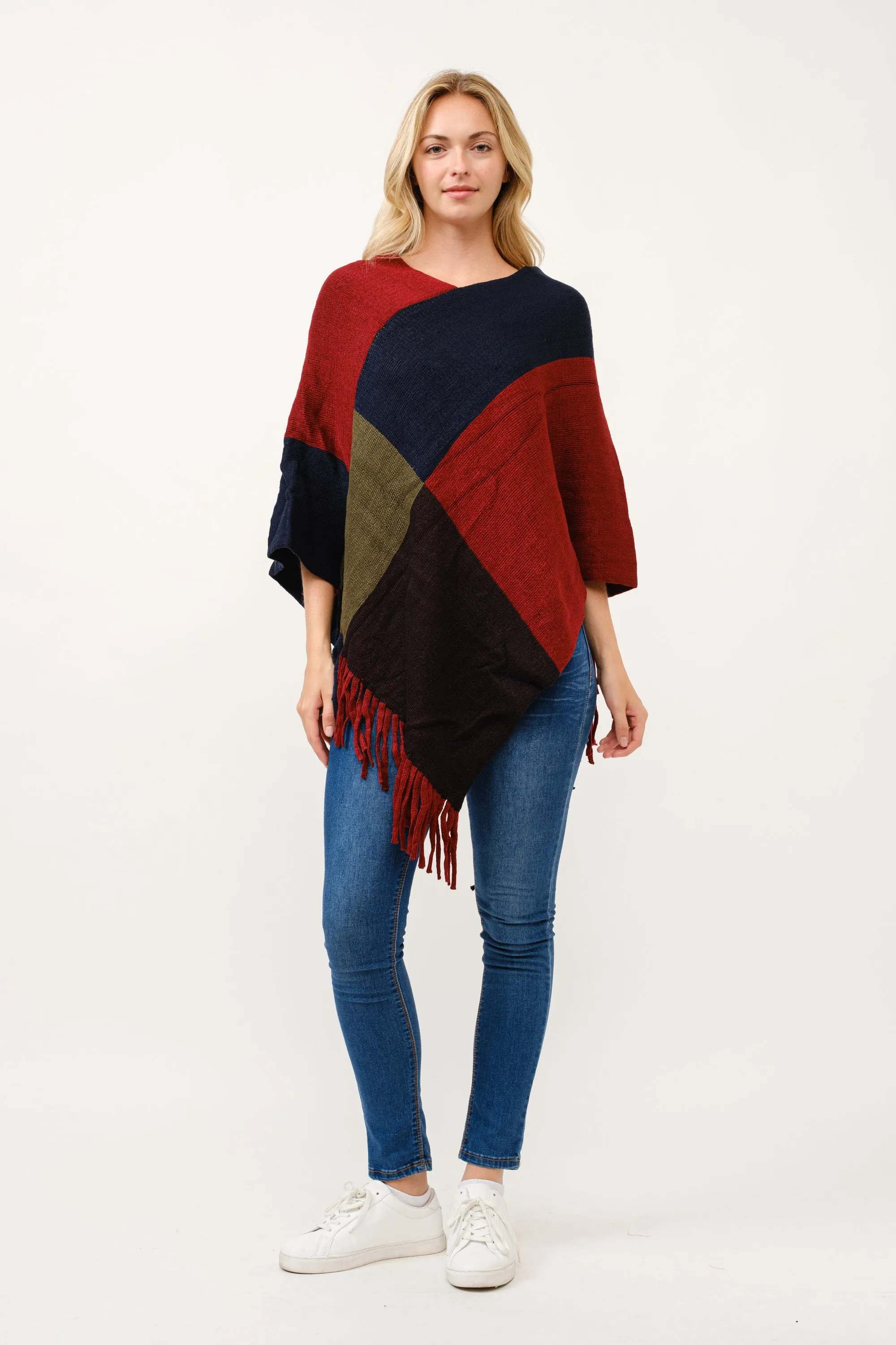 RAJ STACEY KNIT COLORBLOCK BOTTOM TASSELS PONCHO CAPE