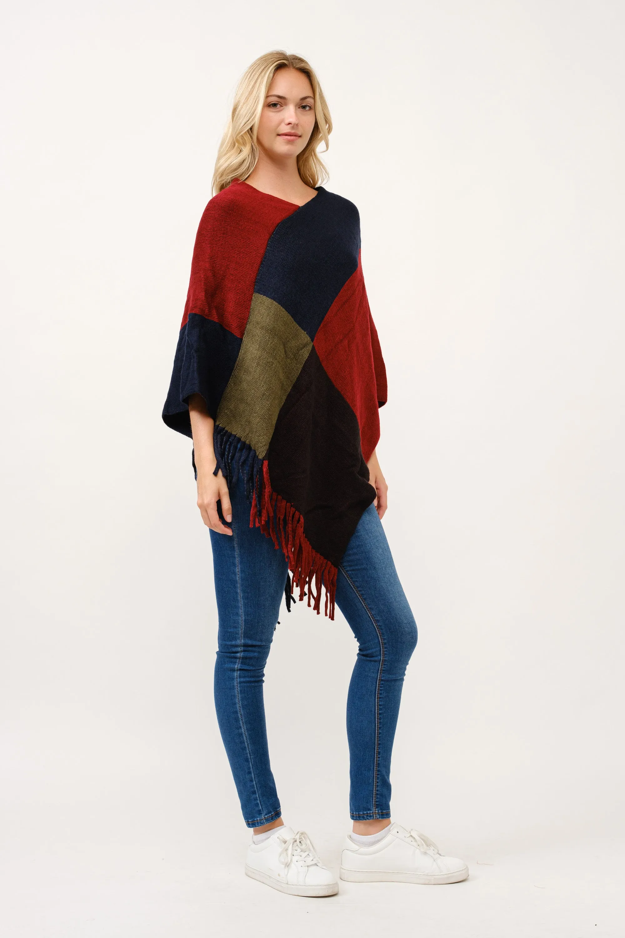 RAJ STACEY KNIT COLORBLOCK BOTTOM TASSELS PONCHO CAPE