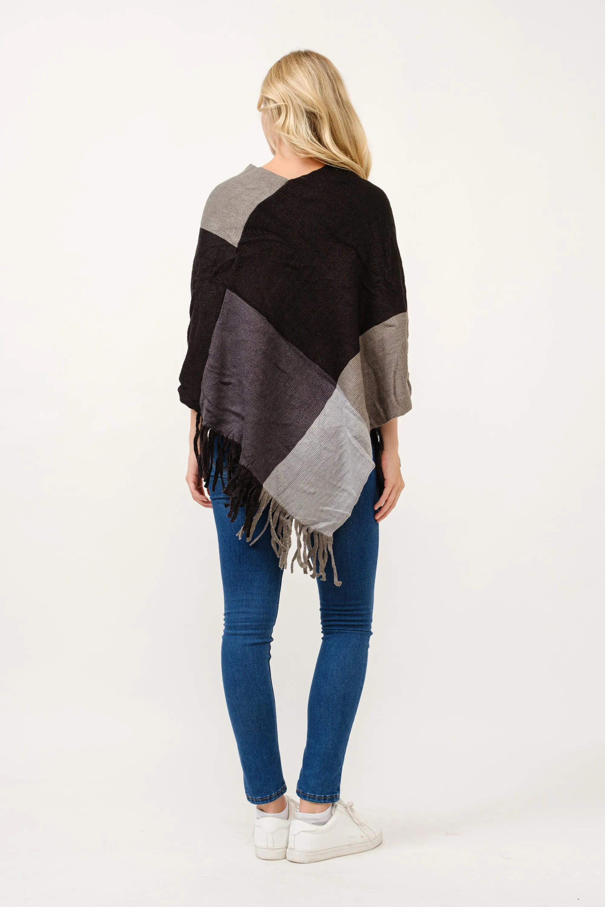 RAJ STACEY KNIT COLORBLOCK BOTTOM TASSELS PONCHO CAPE