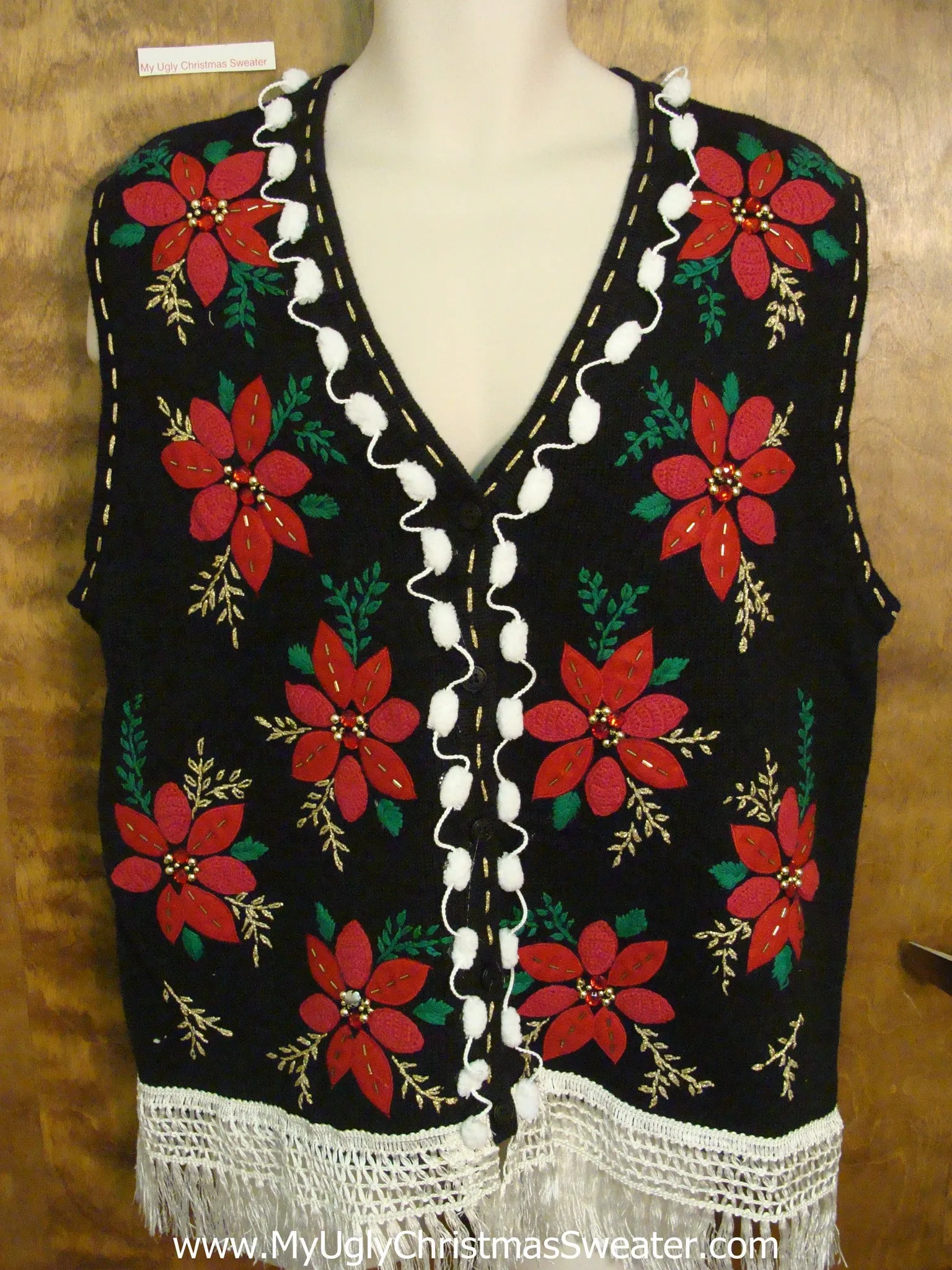 Red Poinsettias and Fringe Corny Christmas Sweater Vest