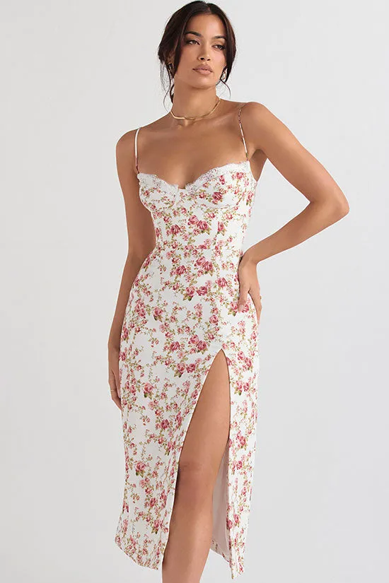 Sexy Eyelash Sweetheart Spaghetti Strap High Split Summer Floral Midi Sundress - Red