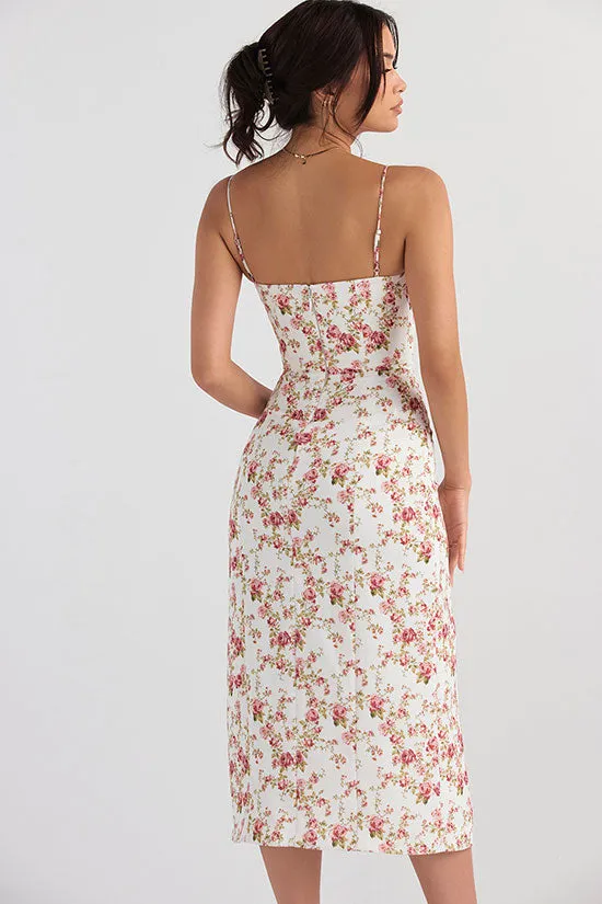 Sexy Eyelash Sweetheart Spaghetti Strap High Split Summer Floral Midi Sundress - Red