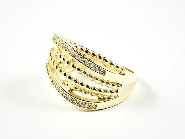 Unique Layered Twist & Cross Pattern Gold Tone CZ Silver Ring