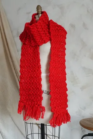 Vintage Handknit  Red Fringe Scarf