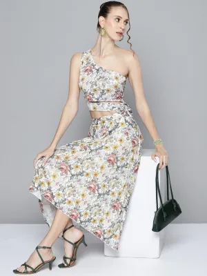 Women Off White Floral Asymmetric Pleated Skirt