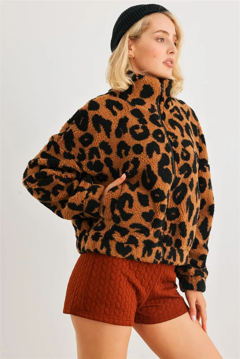 Women's Leopard teddy zip-up two pocket jacket